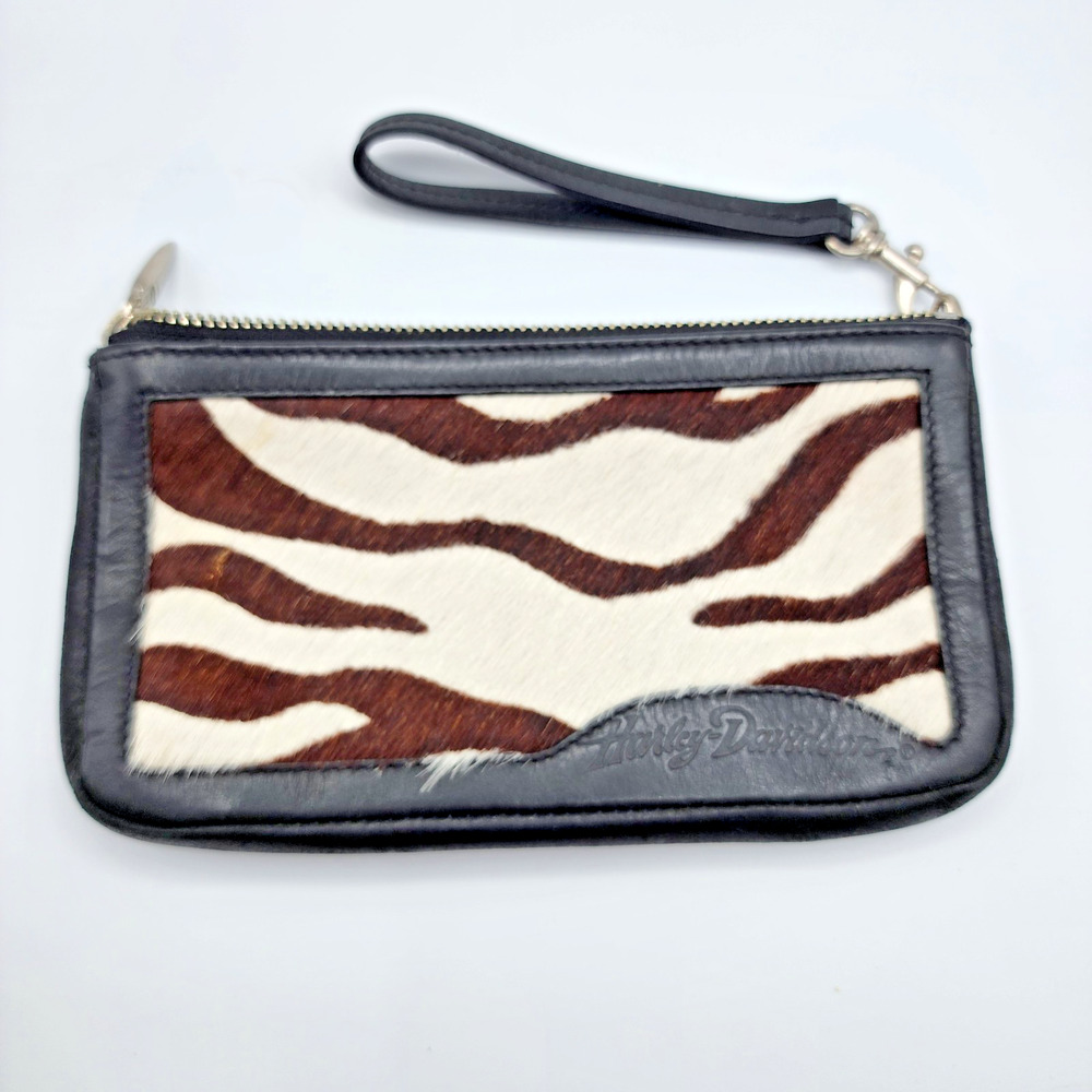 Harley-Davidson Women’s Wallet Clutch Black Leather Zebra Pony Hair Mirror 7x4